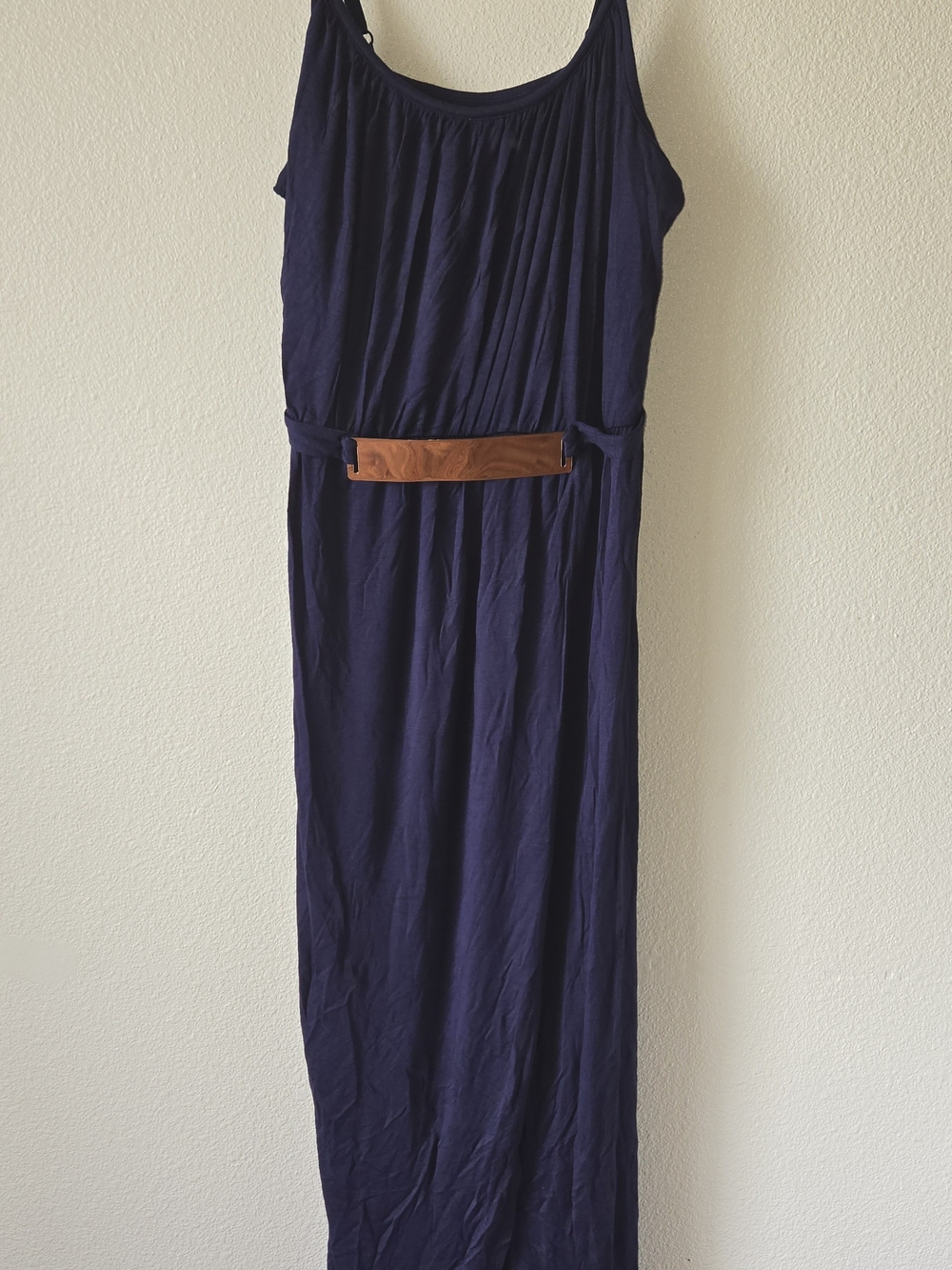 Navy Sleeveless Maxi Dress with Tan Accent Belt
